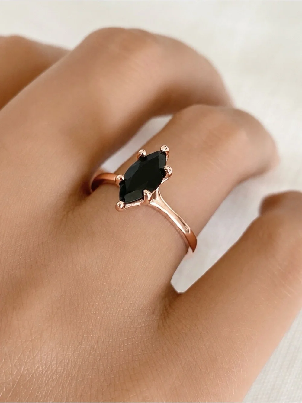 Rose Gold Black CZ Marquise Cut Solid Sterling Silver Solitaire Stackable Ring